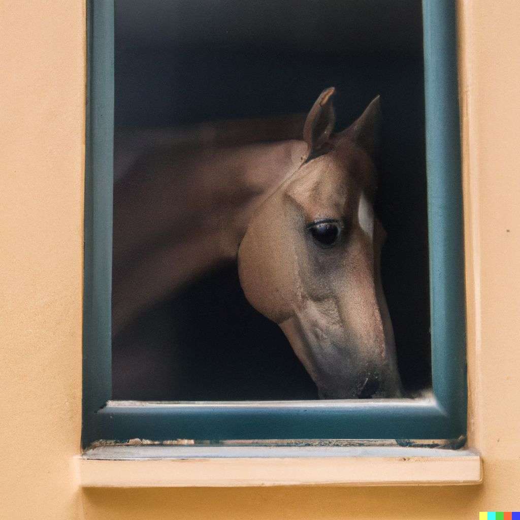 a photograph of a horse seen through a window